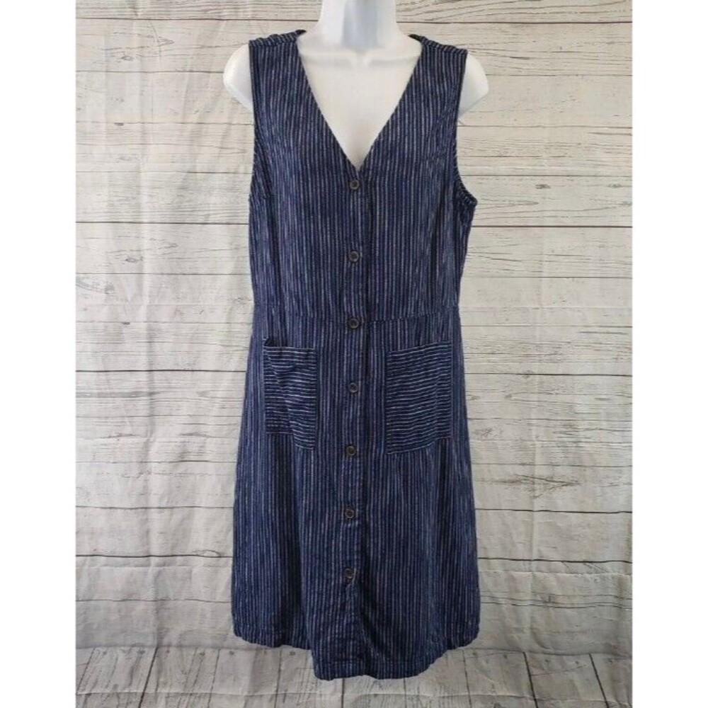 Old Navy Womens Button Front Dress Size Large Blue Stripe Linen Blend V-Neck